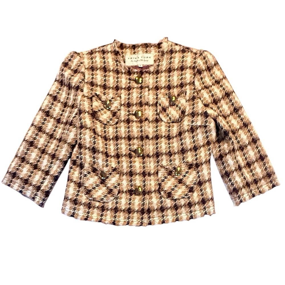 Trina Turk Gold Metallic Tweed 3/4 Sleeve Jacket w/ Gold Hardware Size 8/M $398
